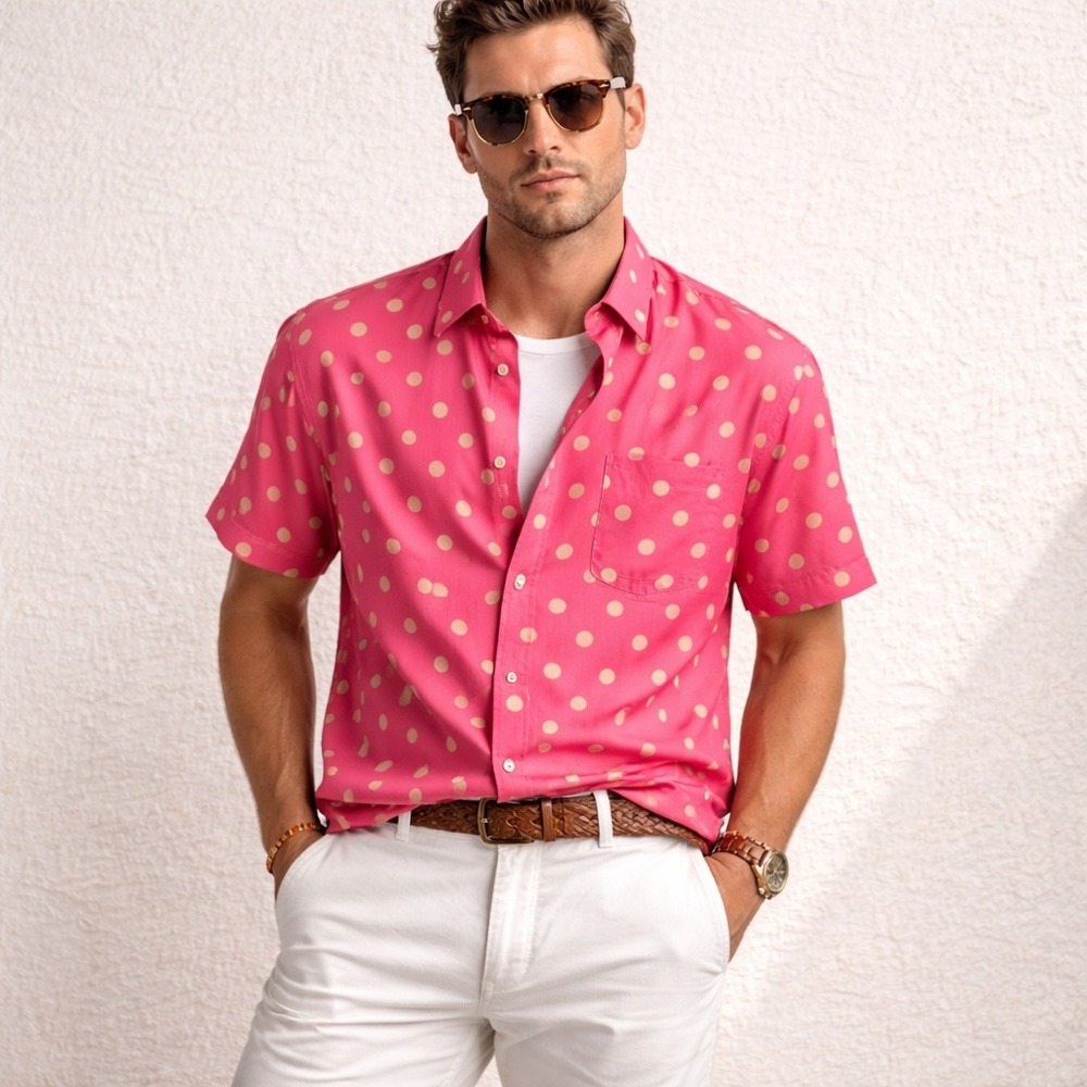 Vintage Robert Stock Silk Button Up Shirt Mens Large Red Polka Dot Short Sleeve